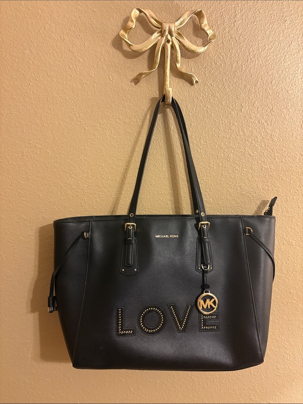 Michael Kors Black Leather Tote with LOVE Stud Accent frayed handles as pictured